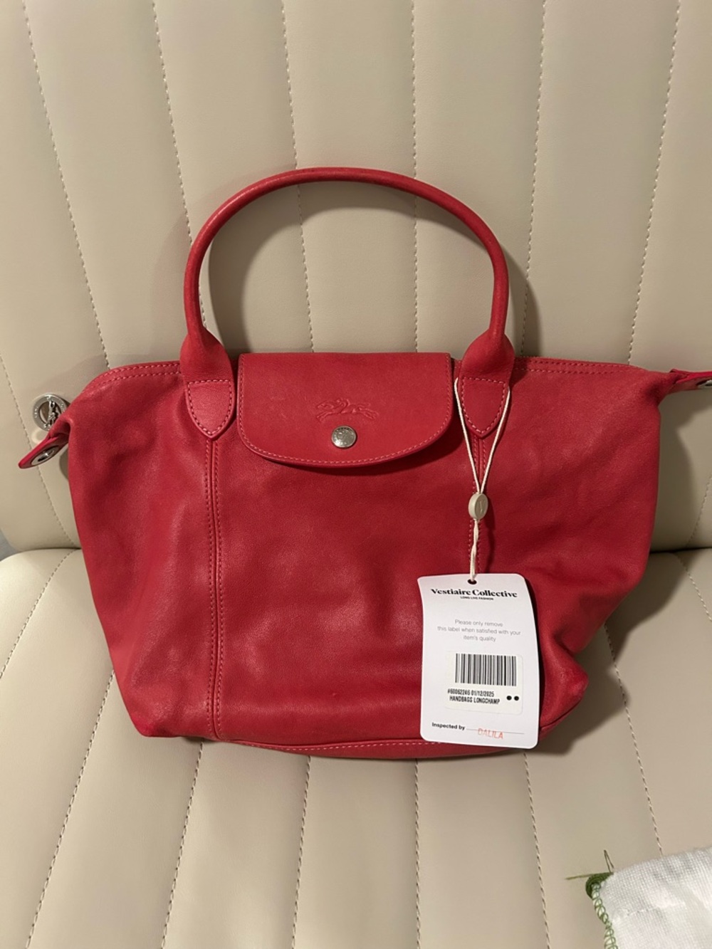 Longchamp Red Leather Small Top-Handle Tote (Pilage leather)